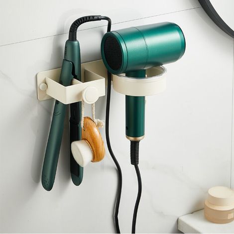 Support pour sèche-cheveux, sans perçage, convient pour salle de bain, chambre, hôtel, blanc crème (1/5)