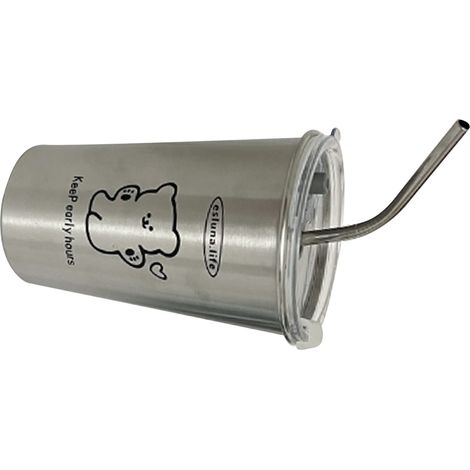 Isolierbecher aus Edelstahl (500 ml) mit Metalldeckel und Strohhalm, ideal für Eiskaffee, Wasser, Tee oder andere Getränke. Mit fröhlichem Bärenmotiv. (1/4)