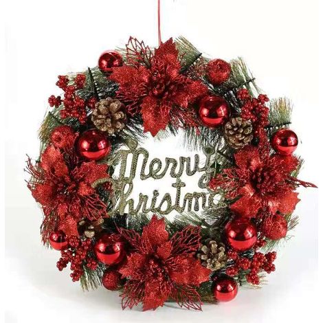 Décorations de Noël, couronne de Noël de 30 cm, couronne artificielle, décoration de porte, accessoire de vitrine, fond, accessoires pour sapin de Noël, rouge de 40 cm.