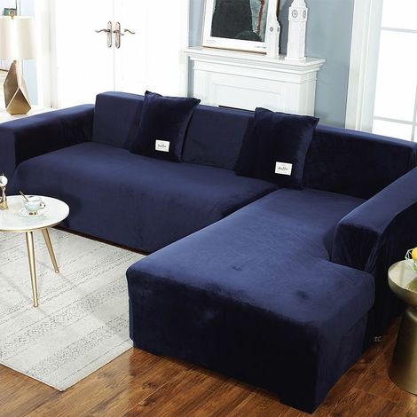 Housse extensible pour canapé d'angle avec accoudoirs (pour canapé d'angle en L, veuillez commander deux housses) - Bleu marine, une place, 90-140 cm (1/5)