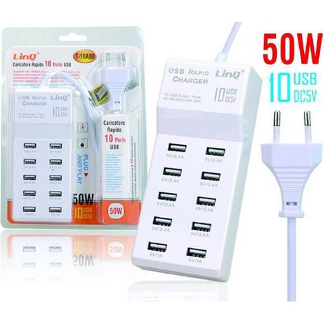 Linq - Multipresa Caricatore Rapido 50 Watt A 10 Porte Usb Dc5v T-10a08 Per Smartphone - (1/5)