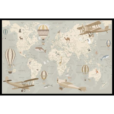 Affiche encadrée carte du monde animaux beige (1/5)