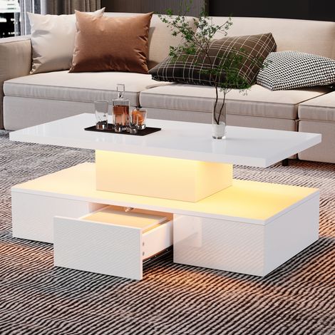Couchtisch aus Spanplatte in Weiß Hochglanz 100 cm mit LED, 1 Schublade und offenem Fach (1/5)
