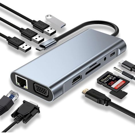 Hub USB-C, adaptateur USB-C 11 en 1 avec HDMI 4K, VGA, Type-C PD, USB 3.0, Ethernet RJ45, lecteur de cartes SD/TF, AUX 3,5 mm, station d'accueil compatible avec MacBook Pro/Air et autres ordinateurs p (1/5)