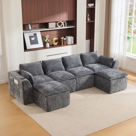 Grand Canapé Panoramique Modulable 4 Places avec 2 Poufs en Velours Côtelé, Canapé d'Angle avec Porte-Gobelet et Poches, Ressorts Haute Résilience, Style Scandinave (322x161x75 cm) - Gris (1/5)