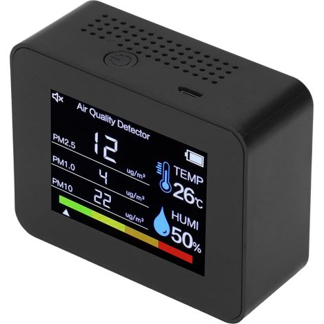 CO2-, HCHO-, TVOC-, PM2,5- und PM1,0-Luftqualitätsmessgerät, Temperatur- und Feuchtigkeitsmonitor mit Schwerkraftsensor, Schwarz, Raumluftmessgerät (1/5)