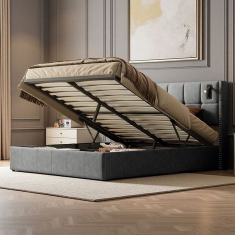 Cama 160x200 cm, YTT, Decoración de uñas de cobre, lámpara, hidráulica, cama doble, marco de cama para adultos 160x200 cm, terciopelo, gris