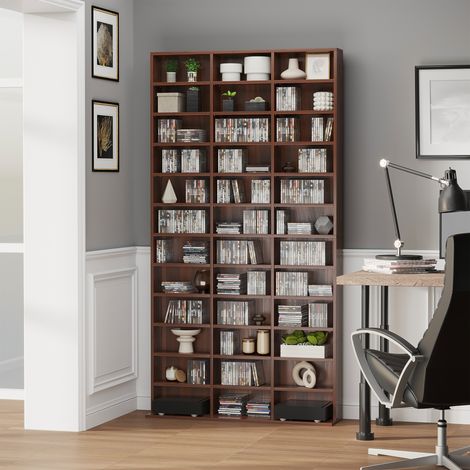 CD- und DVD-Regal, max. Kapazität 1116 CDs/528 DVDs, 36 Fächer und verstellbare Einlegeböden, für Büro, Wohnzimmer, Schlafzimmer, 102 x 23,5 x 195 cm, braun