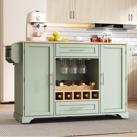 Küchenwagen 138x45(70)x92 cm, ausklappbare Arbeitsplatte, Weinregal, MDF, antikgrün (1/5)