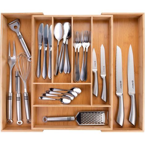 Bandeja para cubiertos para cajón - Organizador de cajones de cocina expandible de 46x34-56,5x6 cm - Almacenamiento de cubiertos con 6 a 8 compartimentos - Para utensilios, gafas de sol y más - Bambú (1/4)