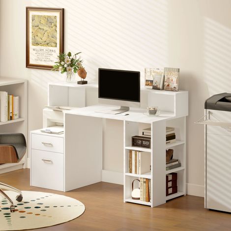 Bureau informatique, bureau avec rangement, 2 tiroirs, étagères ouvertes et tablette d'imprimante, 137x55x92cm, blanc (1/5)