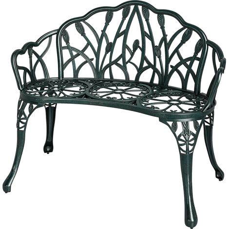 Banc de jardin en aluminium moulé, banc extérieur 2 places avec dossier tulipe, assise florale, 99x57x78cm, vert antique (1/5)