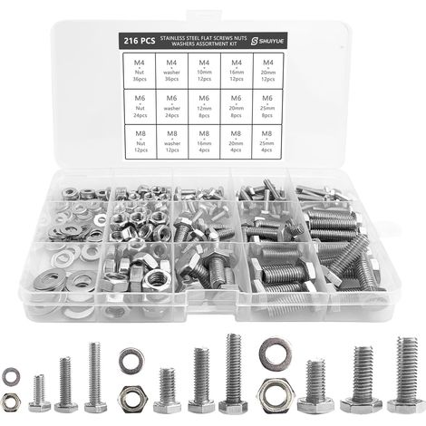 216 PièCes Boulons Et éCrous à TêTe Hex Socket Et Rondelles, Boulons Vis Avec éCrous, M4/M5/M6 Boulons à Six Pans Et éCrous Avec Rondelle (Argent) (1/5)