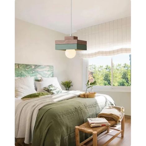 Lustre Suspension en Carre Bois,18cm Moderne Lampe de Plafond Vintage Industriel E27 Suspension Reglable pour Salon Chambre (1/5)