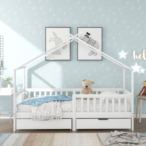 Letto a casetta per bambini con recinzione e 2 cassetti, legno massello bianco, 90x200 cm, rete a doghe (1/5)