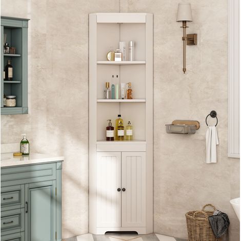 Columna de baño esquinera de MDF blanco 49,5 cm con 3 estantes abiertos y 2 puertas (1/5)