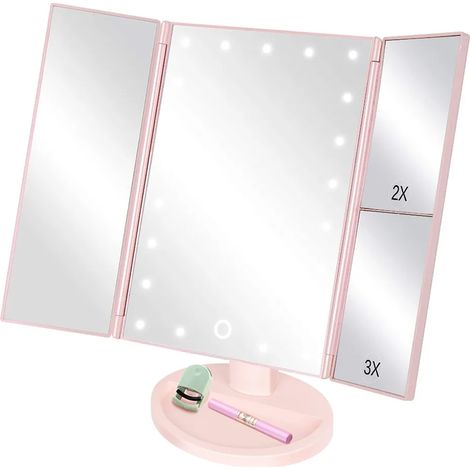 Espejo de Maquillaje 2X/3X Aumento 22 Luces LED Interruptor Táctil Diseño Triple Plegable 180° Rotación Bandeja Espejo Cosmético (1/4)