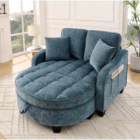 Canapé-lit 2-en-1 convertible en tissu bleu, structure en bois d'eucalyptus et métal, avec pouf de rangement, 132 x 129 x 93 cm, pour petits espaces – de FLORAGRACE (1/5)