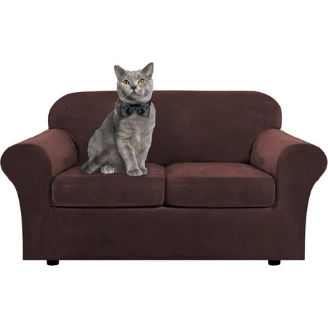 Soft and stretchy velvet sofa cover with separate cushion covers for 1, 2, 3 seater sofas with anti-slip strap for living room, bedroom (brown, 2 seater) (1/5)