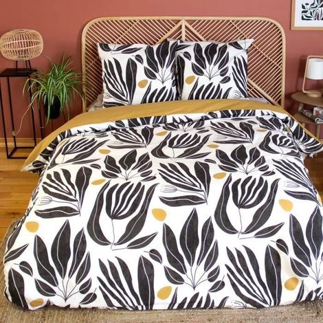 Parure de lit - NOLIE - 220x240 cm - 100% Coton - Réversible - Motif Tropical Noir et Jaune Moutarde