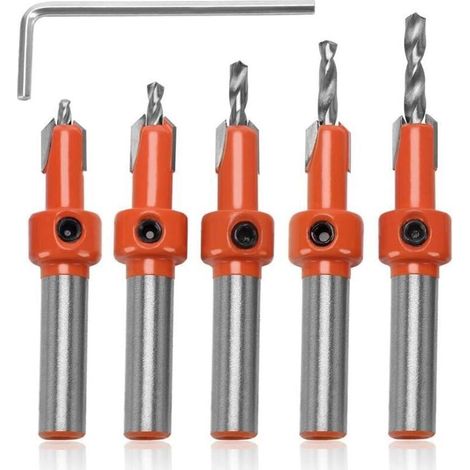 5 Pièces 8mm Foret Chanfrein à Bois Chanfrein Compteur, Forets Fraisés à Chanfreiner pour le Travail du Bois, avec Clé Hexagonale et Vis (1/4)