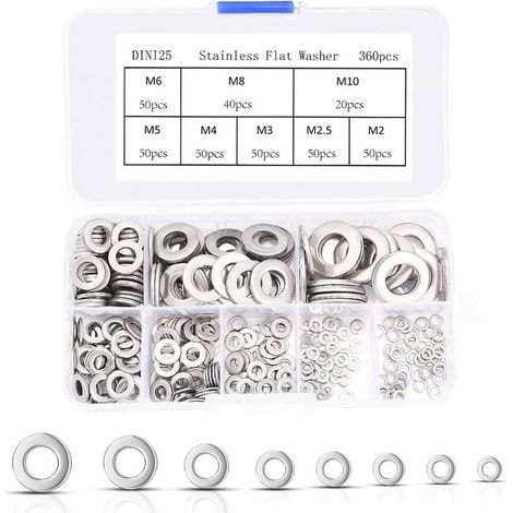 360 Pièces Rondelles Plates en Acier Inoxydable Assortiment Kit, M2 M2.5 M3 M4 M5 M6 M8 M10 M12 Rondelles Metal pour L'étanchéité des Vis Bagues D'étanchéité, Livré avec Boîte (1/5)