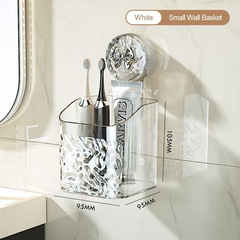 (Blanc 1-M) Étagère de salle de bain murale avec panier de rangement à ventouse non perforé, motif glacier, pour produits de rangement à domicile (1/5)