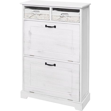 Carro zapatero HHG-670, armario zapatero, cajón cesta aspecto shabby madera maciza 100x60x24cm, blanco