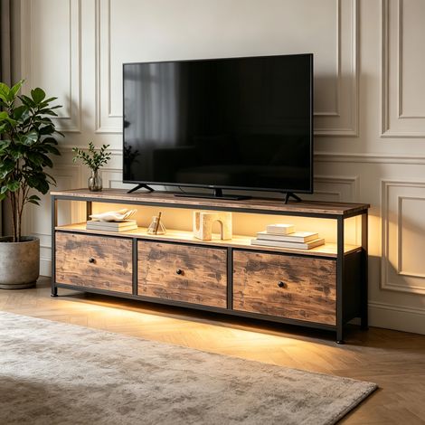 Kommode mit 3 Stoffschubladen, verstellbare LED-Beleuchtung, Sideboard, Aufbewahrungsmöbel mit Metallgestell, TV-Halterung für Schlafzimmer und Wohnzimmer