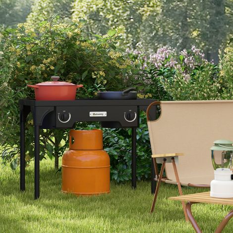 Réchaud 2 brûleurs au propane portable 150 000 BTU/h avec 2 pieds amovibles pour extérieur. camping. métal moulé