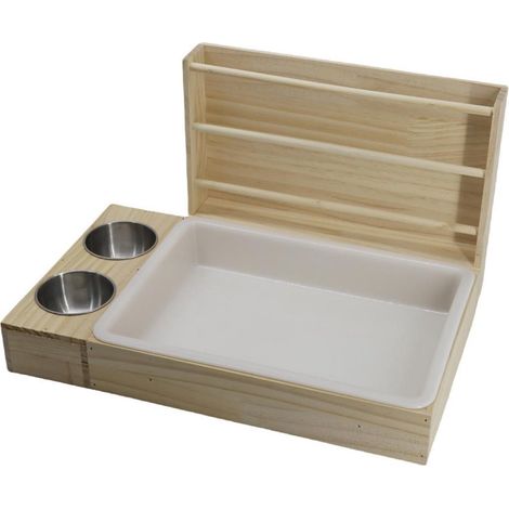 Râtelier à foin pour rongeurs - Bois 2 en 1 - Avec bac à litière intégré - 1 pièce - Bois naturel (1/5)