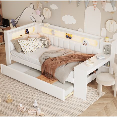Lit de jour rembourré 90x200 avec lit gigogne, bureau, USB et LED, blanc REDOM (1/5)