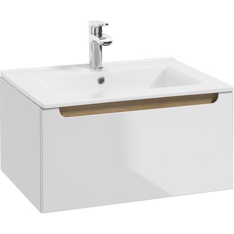 Meuble simple vasque encastrée 60cm 1 tiroir Livia Blanc et Bois
