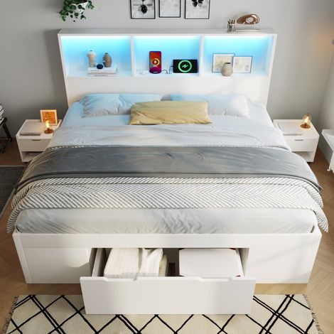 Cama blanca (140x190 cm) con espacio de almacenamiento y 2 mesitas de noche móviles, cama doble funcional de madera con iluminación LED y función de carga USB Tipo-C. (1/5)