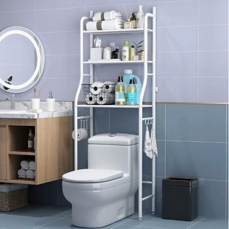 Étagère au‑dessus des toilettes multi‑niveaux en acier renforcé peinture anti‑rouille, pieds réglables et crochets de rangement, pose au sol sans perçage pour optimiser l’espace de votre salle de bain (1/5)