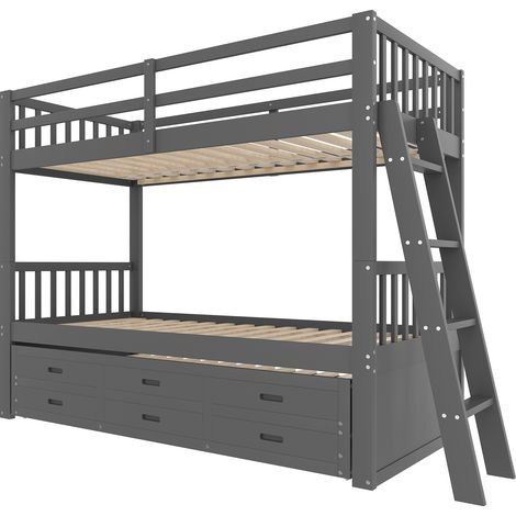 Cama litera infantil 90 x 200 cm de pino y MDF con cajones y cama nido gris (1/5)