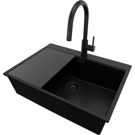 PRIMAGRAN Evier Cuisine en Granit 68x50cm, Lavabo 1 bac + Robinet 40x20cm + Kit de Vidage + Accessoire, Évier à Encastrer au meuble 70cm - Oslo, Tout Noir (1/5)