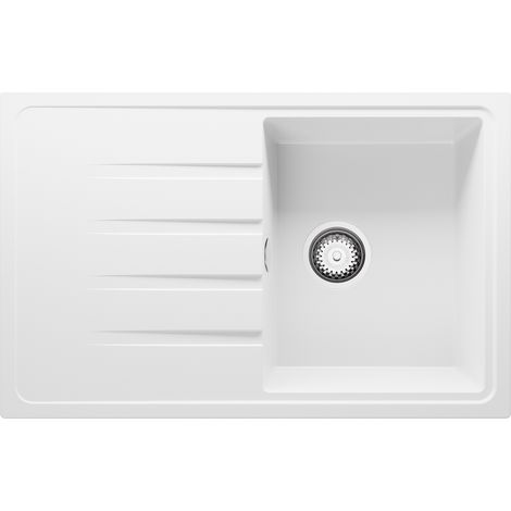 PRIMAGRAN Evier Cuisine en Granit 78x50cm, Lavabo 1 bac + Kit de Vidage, Évier à Encastrer au meuble 45cm - Milan, Blanc (1/5)