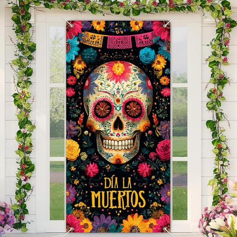 Rideau/drapeau de porte pour la Toussaint, orné de crânes et de fleurs colorés - Décoration mexicaine - 90 x 180 cm (œillets + ruban) - Style 12