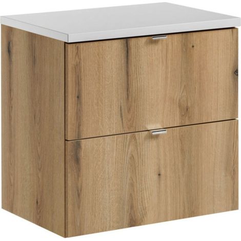 Hängendes Badezimmer-Set VANO in Eichen- und Weißoptik 60cm: Unterschrank mit Schubladen + Platte für Waschbecken