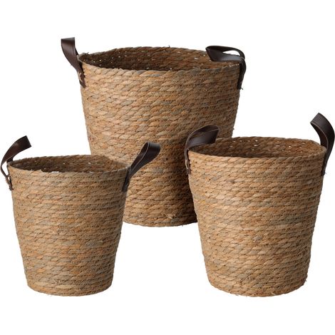 3er Set Aufbewahrungskorb aus Seegras mit Griffen - 30, 26, 24 cm - Korbset aus robusten Naturfasern - Korb mit Kunstleder Tragegriffen Mehrzweck Regal Deko Körbchen