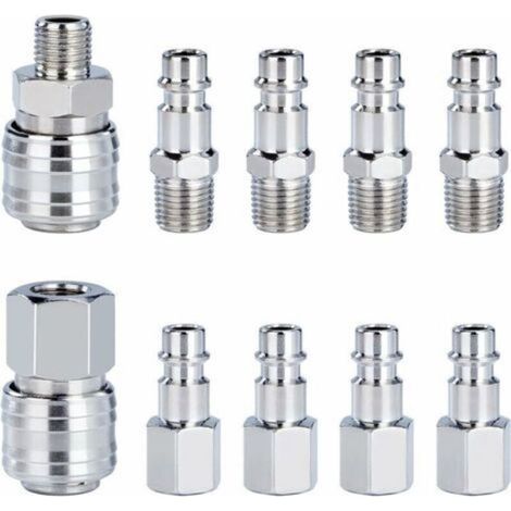 Aiperq Raccord Rapide de Compresseur 1/4"BSP Coupleur Pneumatique d'air Kit Raccords de Tuyau Connecteur Homme Femme 10 Pièces (1/4)