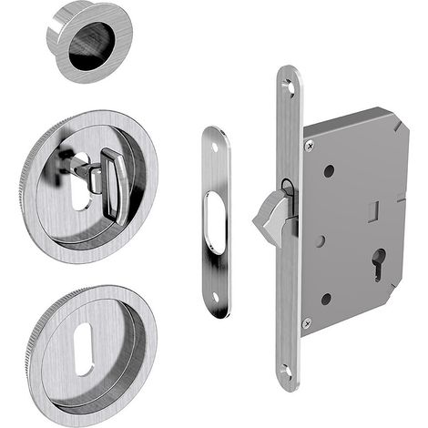 Slid'Up By Mantion – Serrure monopoint en applique avec poignée ronde – Acier finition satiné – Pour porte coulissante 40 mm – Kit complet avec 2 clés (1/5)