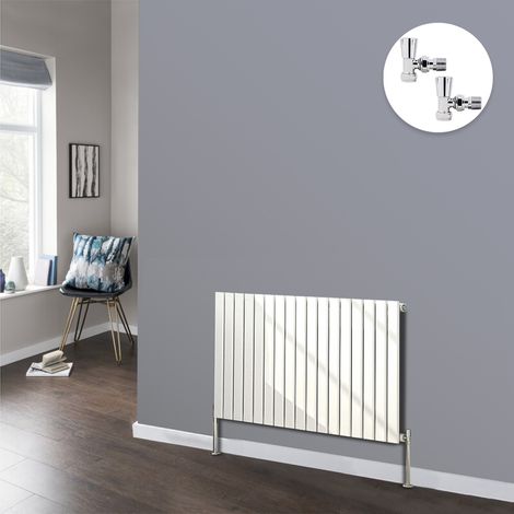 Flat Panel Designer Radiator Bathroom Central Heating Radiators White with Angled Manual Pair of Valves 600 x 1156mm Horizontal Single