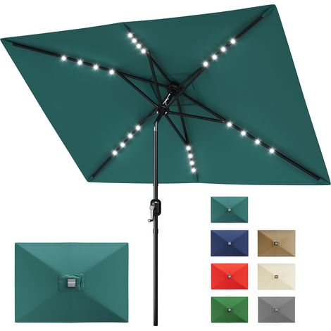 Parasol Rectangulaire Solaire, LED, Inclinable à Manivelle, 6 Baleines Robustes, Jardin, Terrasse, Piscine, 300x198cm Bleu turquoise