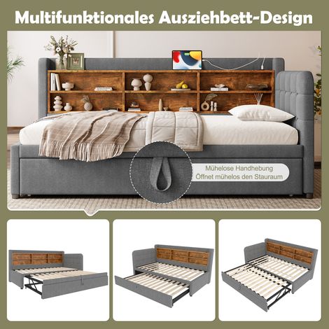 Lit gigogne 90x200, convertible en 180x200, canapé-lit multifonction avec ports USB-C, étagères intégrées, sommier à lattes, tissu lin gris, matelas non fourni. (1/5)