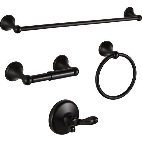4-piece bathroom accessory set (towel rail, ring, hook, toilet paper holder), black, 40 cm (1/5)