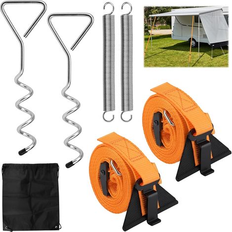Sangle Anti Tempete pour Auvent de Camping Car, Tempête Accessoires Camping Sangle de tension avec ressort et ancrage à vis, sangle anti-tempête, ligne, kit de fixation latérale pour camping-cars (1/5)