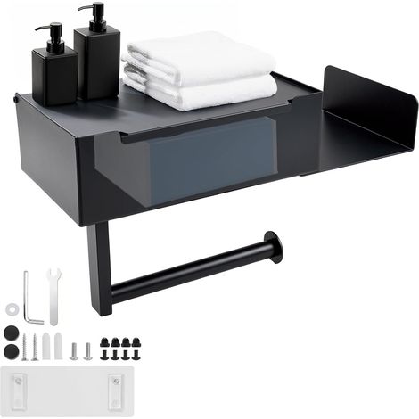 Porte Papier Toilette Mural sans Perçage avec Rangement – 3-in-1 – Support pour Lingettes Humides, Téléphone – Acier Inoxydable Noir – Fixation par Adhésif ou Vis – Salle de Bain, WC, Cuisine (1/5)