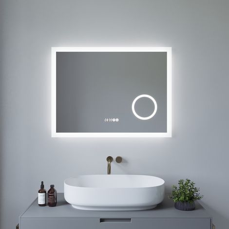 LED Badspiegel 80x60cm mit Uhrzeit, dimmbar, Antibeschlag, 3x Kosmetikspiegel, IP44, Aluminiumrahmen (1/5)